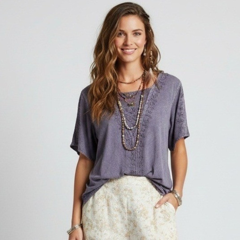 Noelle Rayon Boho Embroidered Top Purple Short Sleeve Tunic Blouse‎ L/XL